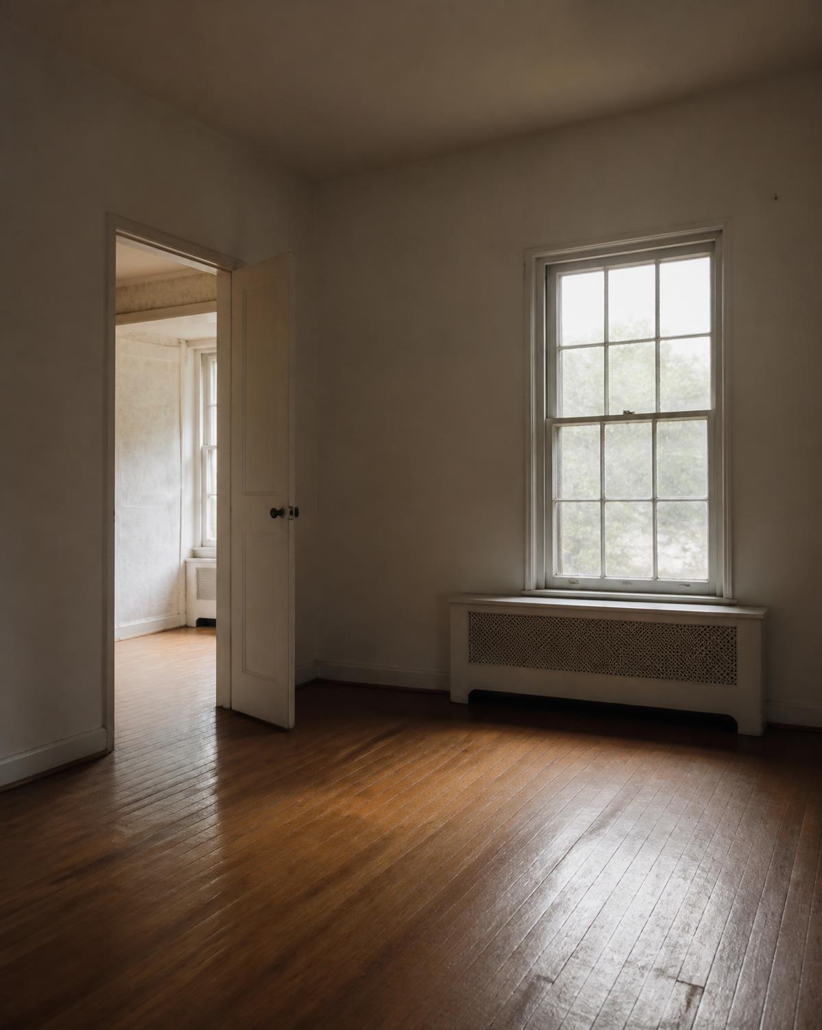 Empty room in an older home with wood floors and afternoon light